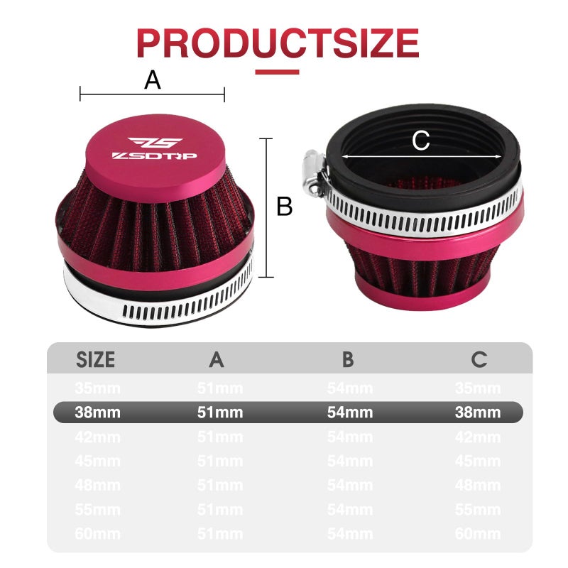 ZSDTRP 2PCS Motorcycle 38MM Air Intake Filter Universal Carburetor Air Filter Cleaner for Dirt Pit ATV SSR TTR Bike Breather Filter Fit for HONDA YAMAHA SUZUKI KEIHIH KOSO MIKUNI OKO Carburetor (Red 38MM) - Image 2